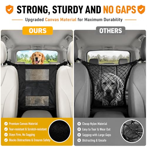 Dog Car Barrier, Dog Car Net Barrier, Heavy Duty Canvas Seat Divider with Belt Set, Double-Sided Organizer, Adjustable Pet Safety Kit, Precision Fit for SUV & Cars