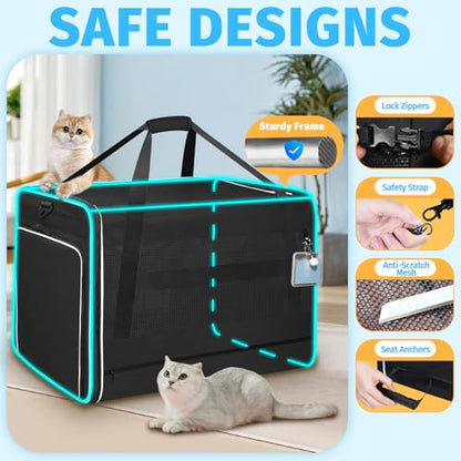Petskd Side Expandable Extra Large Cat Carrier with Litter Box Area, 24"x17"x17" Soft-Sided Pet Carrier for 2 Cats Under 55 lbs with Zipper Locks for Car Travel(Black) - color: Black
