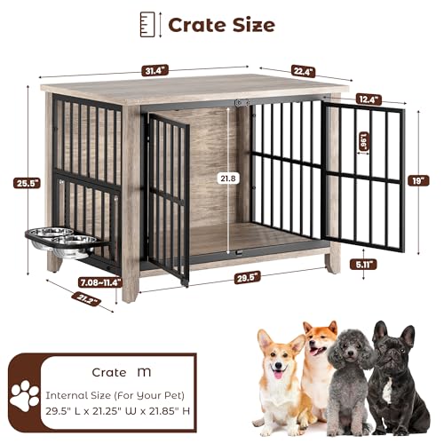 Lulive Dog Crate Furniture, Wooden Dog Kennel Indoor with Adjustable 360°& Height Dog Bowls, Double Doors Furniture Dog Crates End Table for Small/Medium 31.5" L*22.5" W*25.6" H, Grey