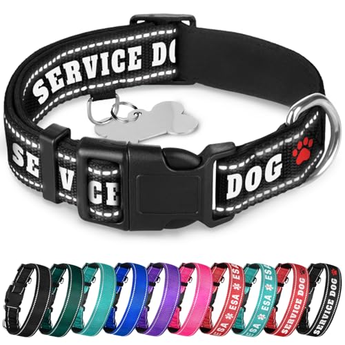 TECEUM Reflective Pet Collar – Black - Service Dog – XS – Extra Soft Padding – Basic Nylon Dog Collar – Quick Release Buckle – Fits Small, Medium and Large Dogs, Puppies, Cats - color: Black - Service Dog, size: X-Small