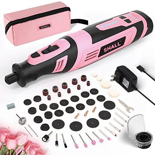 SHALL 8V Cordless Rotary Tool Kit, Pink Lightweight 2.5 Ah Battery Rechargeable Rotary Tool w/ 121 Accessories, 5-Speed Power Rotary Tool for Sanding, Carving, Polishing, Engraving, Pet Grooming - color: Pink