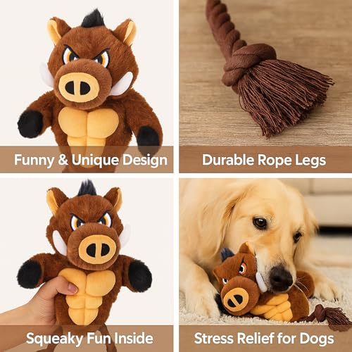 Boar Rope & Plush Dog Toy with Squeaker, Interactive Tug Toy for Medium to Large Dogs, Multi-Texture Toy for Tug, Toss & Supervised Play - color: Brown
