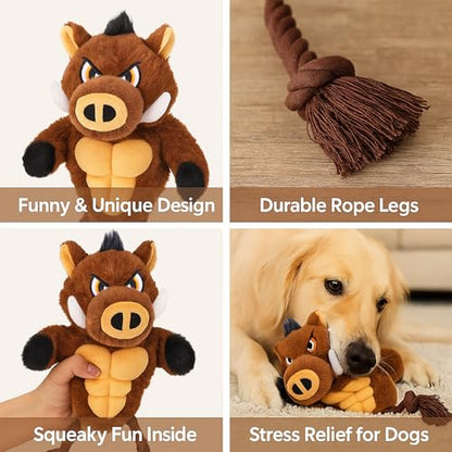 Boar Rope & Plush Dog Toy with Squeaker, Interactive Tug Toy for Medium to Large Dogs, Multi-Texture Toy for Tug, Toss & Supervised Play - color: Brown