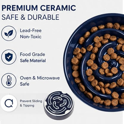 Slow Feeder Dog Bowls, Ceramic Slow Feeding Bowl for Small and Medium Breed, Anti Choking Puzzle Dog Food Bowl with Non-Slip Base for Fast Eater (Blue, S-0.6CUP) - color: Blue