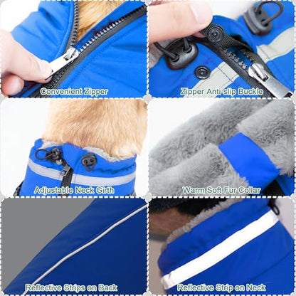 Fragralley Dog Coat with Harness Built in, Waterproof Windproof Reflective Warm Puffer Jacket, Fleece Lined Vest Winter Parka for Small, Medium, Large Dogs - color: Blue, size: Large