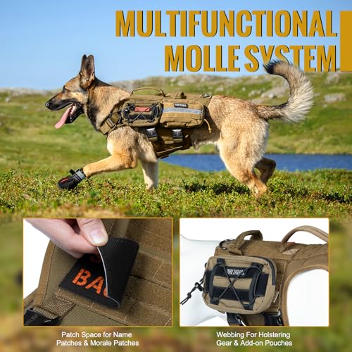OneTigris Tactical Dog Harness with 5X Metal Buckle,Dog MOLLE Vest with Handle,No Pulling Front Clip,Hook and Loop Panel for Dog Custom Patch - color: Brown, size: L