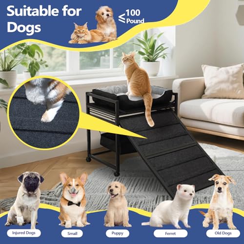 Movable Structure Pet Stairs Ramp with seat Mate Cats/Dogs Chair with ramp high beds, Folding Pet Steps for Large, Medium and Small Dogs, Cat Ladder, with Storage Cabinet