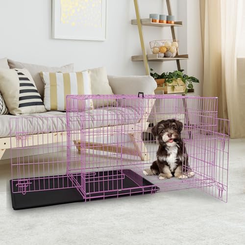 Dog Crate, 24/30/36/42/48 Inch Dog Crates for Small Medium Large Dogs Indoor, Folding Metal Dog Kennel Dog Cage with Double-Door, Divider Panel, Removable Tray, Locks and Handle, (24 Inch, Pink) - color: PINK, size: 24.0"L x 16.0"W x 19.0"H