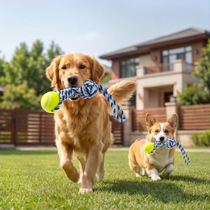 Interactive Tug of War Rope Toy for Medium & Small Dogs - Outdoor Tether Tug Toy with 1 Knot & Tennis Ball, Puppy Teething Chew Cotton Toy