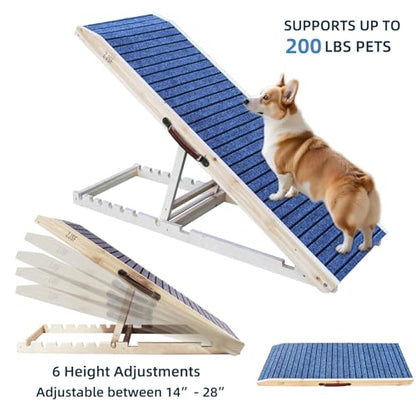 ZJSF Foldable Wooden Dog Ramp for High Bed, Dog Stairs for Small Dogs, High Traction Platform with 6 Adjustable Heights (14"-28"), 48" L, Supports up to 200 lbs - size: 48"L X 16.5"W