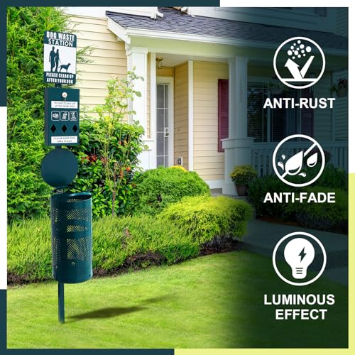 Qinyoung Dog Waste Station Galvanized Steel Outdoor Pet Bin with Poop Bag Dispenser Reflective Sign Rust Proof for Backyard Commercial Park(Green) - color: Green
