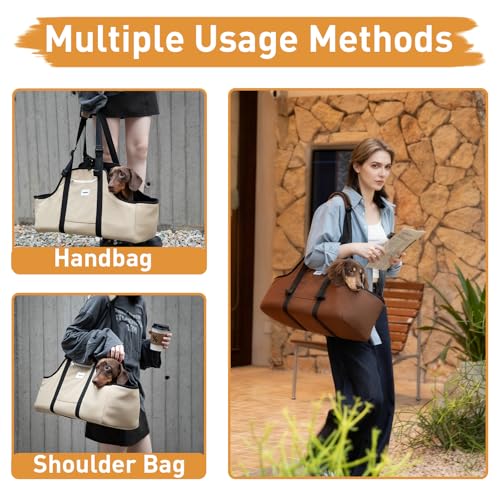 ETIAL Dachshund Shoulder Carrier Bag, Ergonomic Pet Sling with Adjustable Handheld & Crossbody Strap, Lightweight Ventilated Dog Purse for Small Long-Bodied Breeds,Safety Leash (Tan) - color: Tan