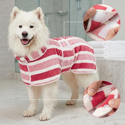 Quick Drying Dog Bathrobe for Large Dogs - Coral Fleece Super Absorbent Pet Towel Robe with 2 Drying Gloves, Adjustable Velcro and Button Closure, XL Size, Red - size: XL