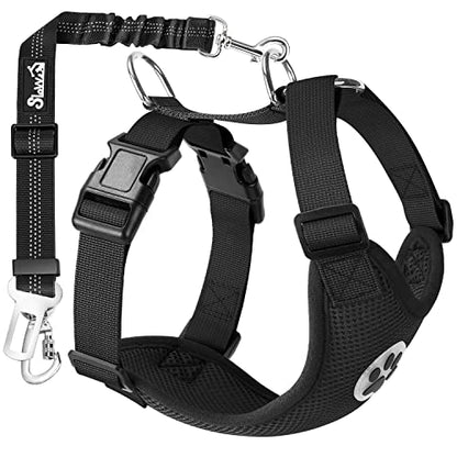 Lukovee Dog Car Harness Seat Belt, Adjustable Mesh Breathable Vest with Elastic Bungee Tether, Soft Padded 2-in-1 Safety Car Harness Seatbelt for Small Medium Large Dogs (Black,XXS) - color: Black, size: XX-Small