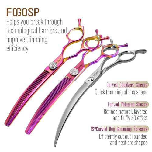 45°Curved Dog Grooming Scissors Curved Thinning Shears Curved Chunkers Dog Shears 3Pcs Combo (RoseRed) - color: Rose Red, size: 7.5 in 3PCS Set