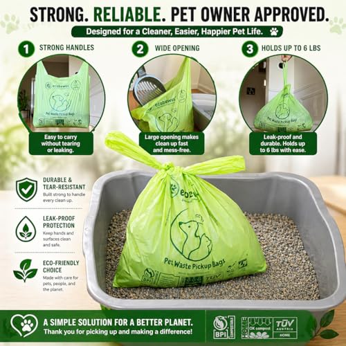 100% Compostable Pet Waste Disposal Bag (140 ct.) Plant-Based Cat Litter Poop Waste Pick-Up Bags with Handles Dog poop Bags Disposable Compost Food Scrap Liners (140 ct.)