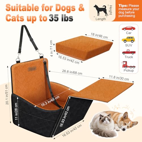 Elevated Dog Car Seat, Dog Booster Car Seats for Small & Medium Breeds Up to 35lbs, Fully Detachable and Washable, Soft Foam Pet Carseat with 2 Storage Pockets & 3 Safety Belts, Black + Brown - color: Black + Brown