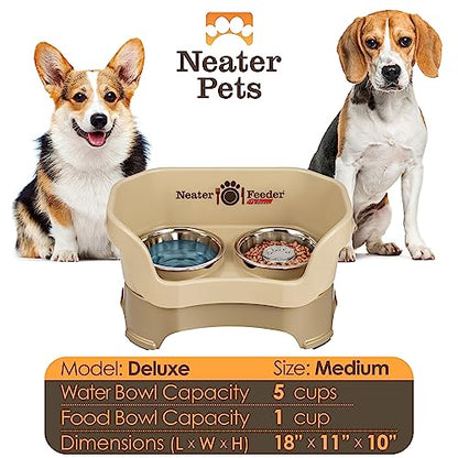 Neater Feeder Deluxe Mess Proof Dog Bowls Elevated for Medium Sized Breeds – Made in USA – No Spill Raised Slow Feeder Elevated Dog Bowl Stand, Stainless Steel Food and Water Bowl Set, Cappuccino - color: Cappuccino, size: Medium with Slow Feed Bowl