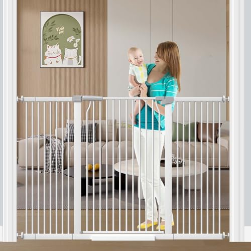 Fairy Baby 40.5" Extra Tall Pet Gate for Doorway, 60.3"-65.7" Extra Wide Dog Gate for Stairs, Metal Auto Close Safety Child Toddler Gate, Pressure Mounted Easy Walk Through Baby Gate with Door, White - color: White, size: 60.3"-65.7"