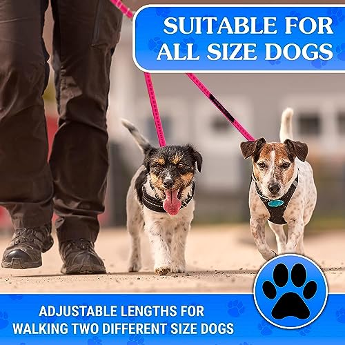 Dog Leash – Dual Reflective with Non-Tangle Design – Heavy Duty Nylon and Metal Buckles – Ideal (Pink, 2 Dog Leash) - color: Pink