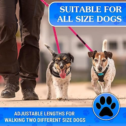 Dog Leash – Dual Reflective with Non-Tangle Design – Heavy Duty Nylon and Metal Buckles – Ideal (Pink, 2 Dog Leash) - color: Pink