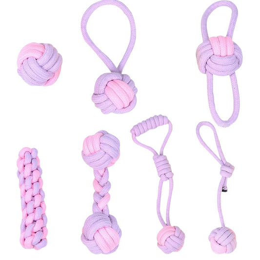 Durable Cotton Rope Dog Toys 7 Piece Set, Tough Chew Knot Balls for Teeth Cleaning, Interactive Tug and Fetch Toys for Small Medium Large Dogs, Indoor Outdoor Play - color: Purple pink 7-piece set
