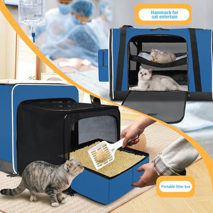 Petskd Side Expandable Extra Large Cat Carrier with Litter Box Area, 24"x17"x17" Soft-Sided Pet Carrier for 2 Cats Under 55 lbs with Zipper Locks for Car Travel(Prussian Blue) - color: Prussian Blue