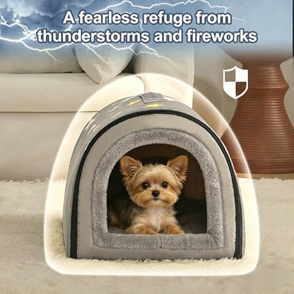 Jiupety Cozy Small Pet Dog House, 2 in 1 Puppy House, S Size for Cat and Puppy, Warm Cave Sleeping Nest for Cats and Dogs, S(14"×12"×11"), Up to 5 Lb, Grey - style: S