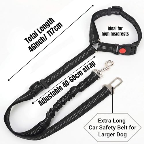 Heavy Duty Dog Seat Belt for Cars, 2-in-1 Chew Proof Pet Car Harness Tether with Headrest & Buckle, Elastic Bungee Pet Seat Belt for Truck Travel Accessories, Fits for Small Medium Large, Black