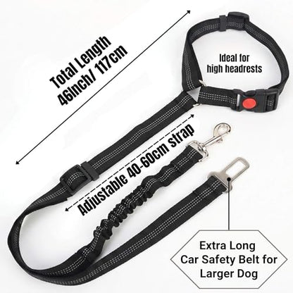 Heavy Duty Dog Seat Belt for Cars, 2-in-1 Chew Proof Pet Car Harness Tether with Headrest & Buckle, Elastic Bungee Pet Seat Belt for Truck Travel Accessories, Fits for Small Medium Large, Black