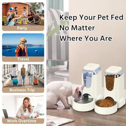 2 Pack Automatic Cat Feeder and Stainless Steel Water Dispenser, Gravity Dog Waterer Set Food Feeder and Waterer Set for Small Medium Kitten Puppy Pets (1 Gallon x 2, Ivory White) - color: 1 Gallon x 2 - Ivory White