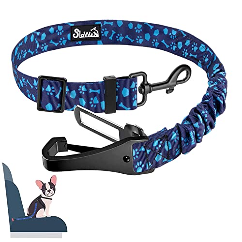 SlowTon Dog Seat Belt, Adjustable Dog Safety Belt Leash, 2 in 1 Latch Bar Attachment Dogs Car Seatbelt with Elastic Nylon Bungee Buffer, Reflective Nylon Belt Tether Connect (BL Dog Paw) - color: Blue Dog Paw