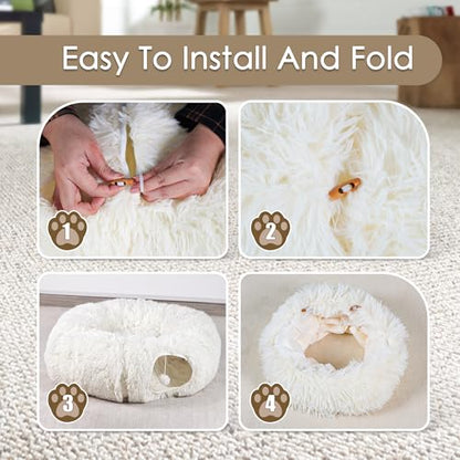 Cat Tunnel Bed for Indoor Cats, Peekaboo Cat Cave with Washable Soft Play Mat, Furry Cat Tube, for Kitten/Puppy/Rabbit, Beige - color: Beige