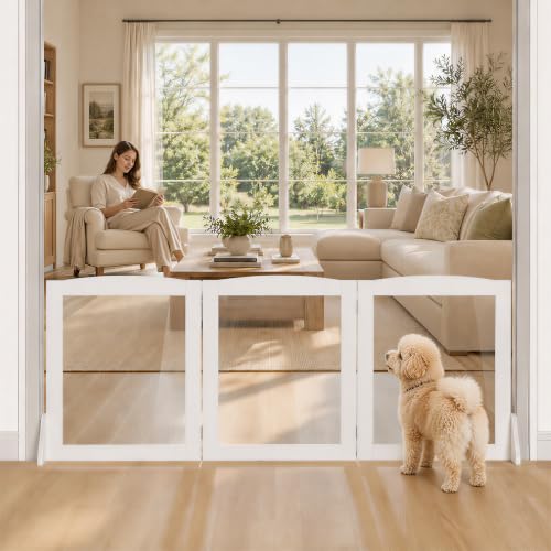 Snughome Clear Freestanding Dog Gate Indoor, 23.62’’H Acrylic Transparent Pet Gate for Dogs & Puppies, Foldable No Drill Pet Barrier, Adjustable Room Divider Fence for Doorway, Stairs, 3 Panel - size: 3 Panel-23.62" H