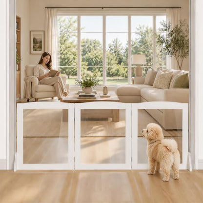 Snughome Clear Freestanding Dog Gate Indoor, 23.62’’H Acrylic Transparent Pet Gate for Dogs & Puppies, Foldable No Drill Pet Barrier, Adjustable Room Divider Fence for Doorway, Stairs, 3 Panel - size: 3 Panel-23.62" H