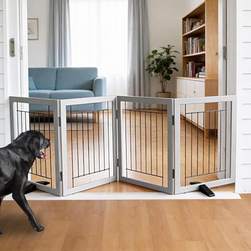 Dog Fence Indoor - 4-Panel Freestanding Dog Gate for Doorways, Hallways, House or Stairs -80x24-Inch Retractable Foldable Expandable Wood Pet by SFJC (Grey) - color: Gray, size: 【4 Panels】80''w X 24''h