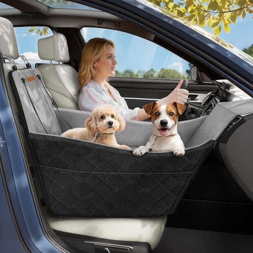 Elevated Dog Car Seat, Dog Booster Car Seats for Small & Medium Breeds Up to 35lbs, Fully Detachable and Washable, Soft Foam Pet Carseat with 2 Storage Pockets & 3 Safety Belts, Black & Gray - color: Black & Gray