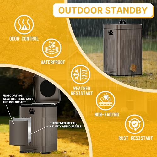 Dog Poop Trash Can Outside - 22L/6Gal Metal Outdoor Trash Can with Lid, Dog Waste Container with 20 Bags, Pet Poop Bucket with Soft Close for Backyard Odor Control, Rectangular Brown - size: 22L Rectangular Brown Trash Can
