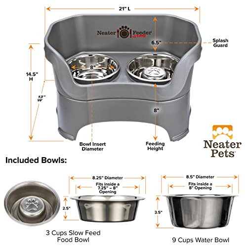 Neater Feeder Deluxe Mess Proof Dog Bowls Elevated for Large Breeds – Made in USA – No Spill Raised Slow Feeder Elevated Dog Bowl Stand, Stainless Steel Food and Water Bowl Set, Grey - color: Gunmetal Grey, size: Large with Slow Feed Bowl