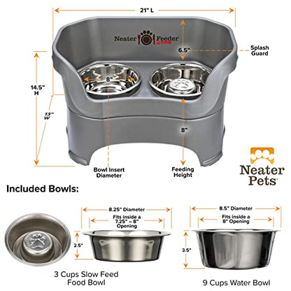 Neater Feeder Deluxe Mess Proof Dog Bowls Elevated for Large Breeds – Made in USA – No Spill Raised Slow Feeder Elevated Dog Bowl Stand, Stainless Steel Food and Water Bowl Set, Grey - color: Gunmetal Grey, size: Large with Slow Feed Bowl