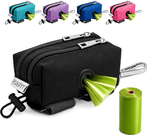 Dog Poop Bag Holder for Leashes - Dog Poop Bag Dispenser and Treat Holder with 2 Waterproof Pouches for Pet Waste Bags and Walking Accessories + 1 Free Roll - Leashrr 2.0 (Black) - color: Black