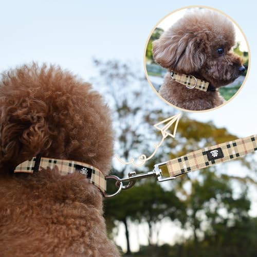 NESTROAD Dog Collar and Leash Set,Soft Neoprene Pet Collar with Quick Release Buckle,Adjustable Nylon Dog Collars for Small Medium Large Dogs(Medium,Cherecked Beige) - color: Checkered Beige, size: Medium