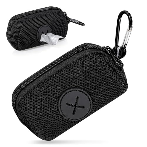 Black Dog Poop Bag Holder for Leash, Soft Fabric Zipper Doggy Waste Dispenser with Large Opening, Slim Pet Poop Carrier with Metal Carabiner Clip for Retractable Leash Walking Accessories (Black)
