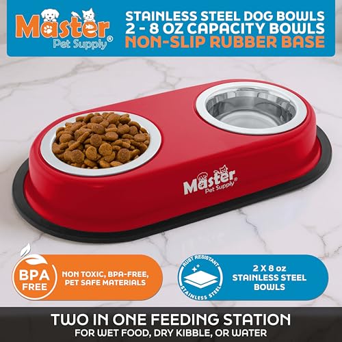 Master Pet Supply Double Dog Bowls Set with Elevated Base and 2 (8 oz) Stainless Steel Removable Dishes (Crimson Flame) – Double Cat Food Water Bowl, Dog Puppy Food Bowl Set, Rust Resistant - color: Crimson Flame