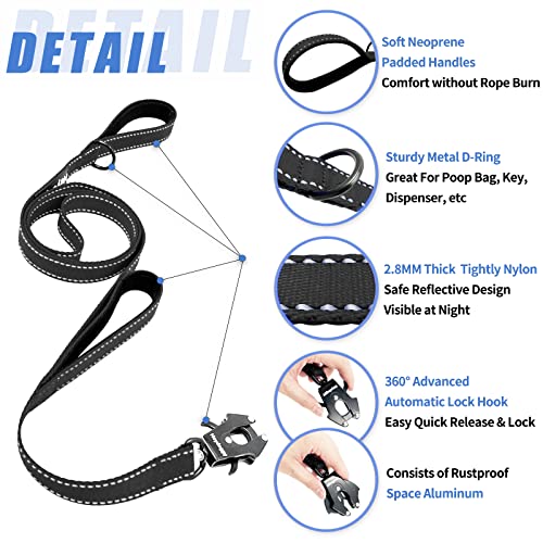 Strong Heavy Duty Dog Leash - 4ft Reflective Nylon Training Leash with Soft Padded Double Handle & Auto Lock Frog Clip - Safety Traffic Control for Large Medium Small Dogs No Pull Walk Black Black,4ft - color: Black Black, size: 4FT x 1" x 2.8MM