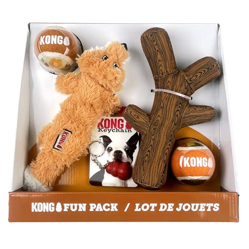 KONG Fun Pack – Fall Dog Toy Gift Set with FetchStix, Sport Balls, Scrunch Knots Fox, Tug & Fetch Toys, Bonus Keychain – Safe Fetch, Tug, and Light Chew for Dogs