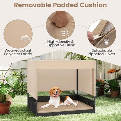 Tangkula Elevated Wicker Dog House for Small to Medium Breeds, Raised Rattan Pet Sofa Bed with Removable Cushion, Canopy Roof, Indoor & Outdoor Puppy Cat Shade Shelter for Patio, Yard, Garden