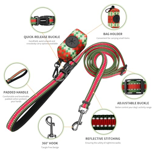 Kazazoo Hands-Free Dog Leash with Poop Bag Holder, Adjustable 4-7 Ft Waist for Dog Walking, Running for Small Dogs with Reflective Strips, Nylon Waist Belt，Red&Green - color: Red&green