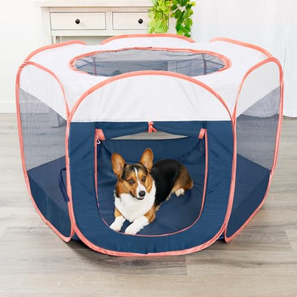 Furhaven Portable Playpen for Dogs and Cats, Pet Playground,Kennel Foldable Indoor Outdoor Zippered Puppy & Kitten Crate - Navy, Large