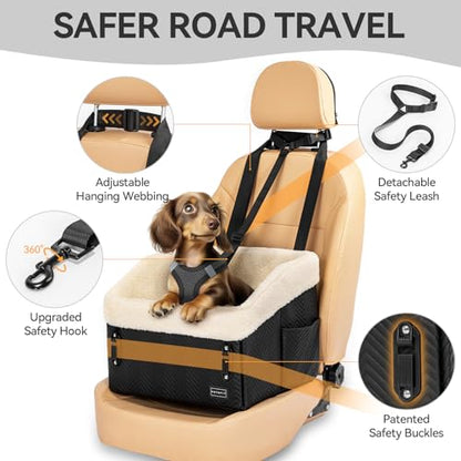 PETSFIT Small Dog Car Seat, Waterproof PU Leather Dog Booster Car Seat with Patented Safe Buckles, Detachable Washable Cushion, 2 Storage Pockets, Dog Car Seat Medium Sized Dog up to 30 lbs (Black) - color: Black